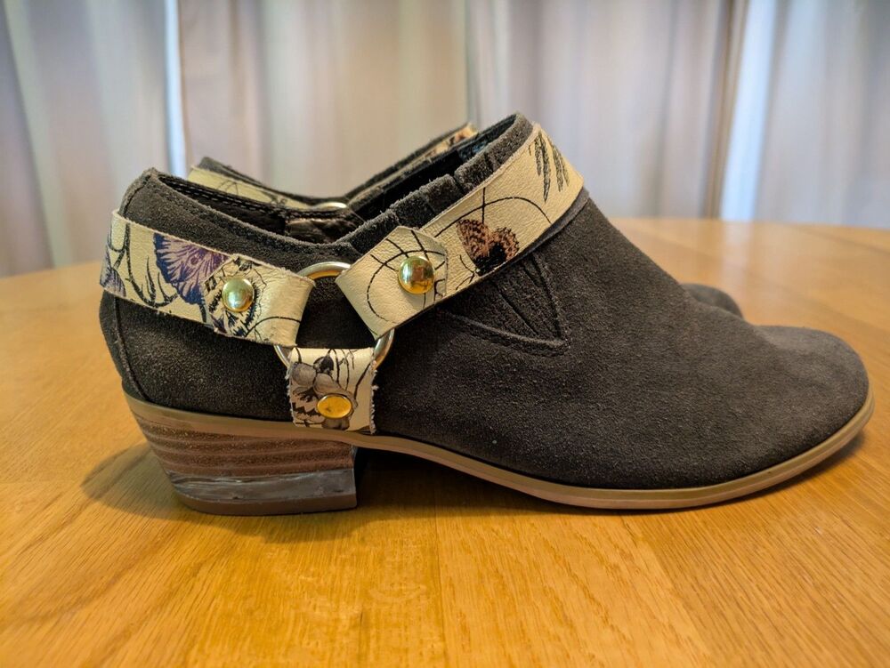 Farylrobin Boots Anthropologie Floral Sz 6 Ankle Dark Gray Suede Harness Slip On